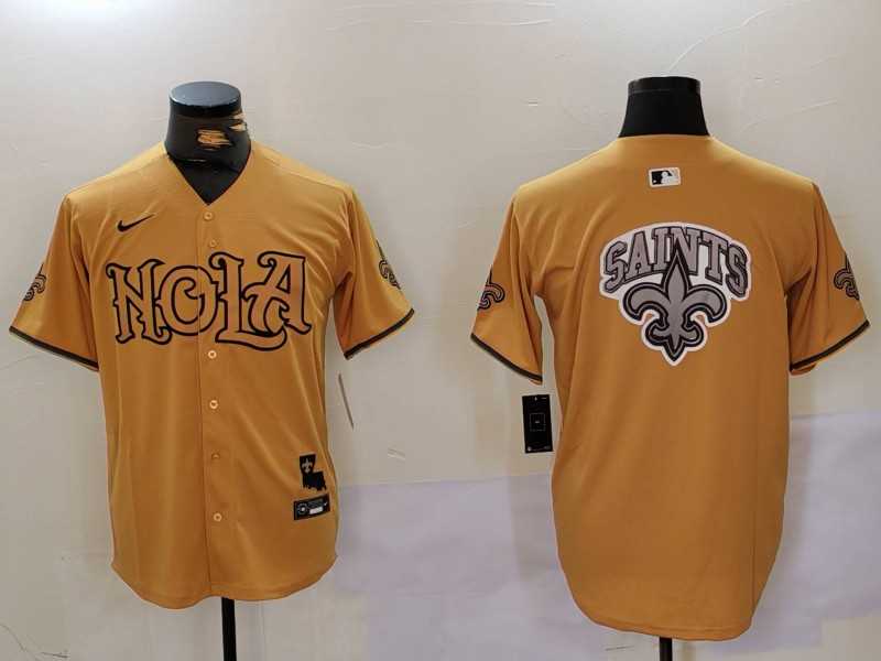 Men%27s New Orleans Saints Team Big Logo Gold Cool Base Stitched Baseball Jersey